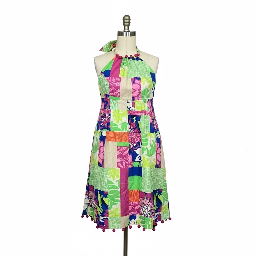 Lilly Pulitzer Womens Pink Green‎ Floral Patchwork Halter Pom Pom Dress Size 4